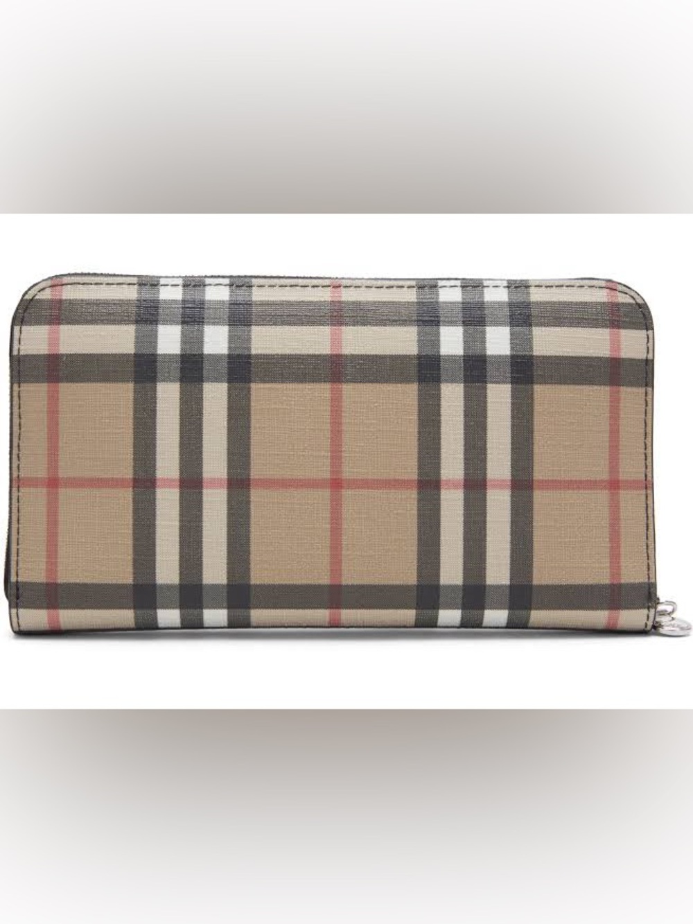 Burberry Elmore Vintage Beige Check Zip Wallet with black and red accents